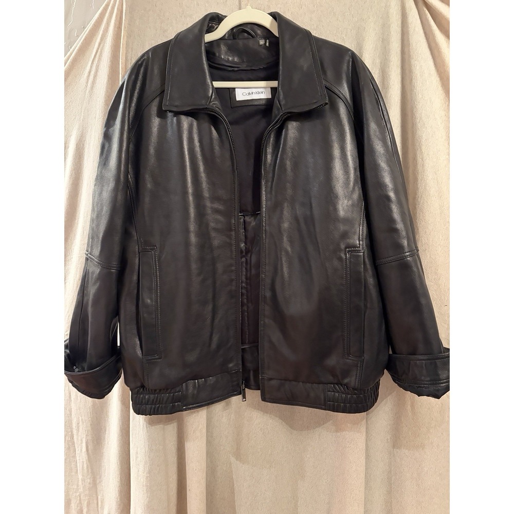 Calvin Klein Genuine‎ Leather Bomber Jacket Black XL 90s Y2K Vintage Oversized